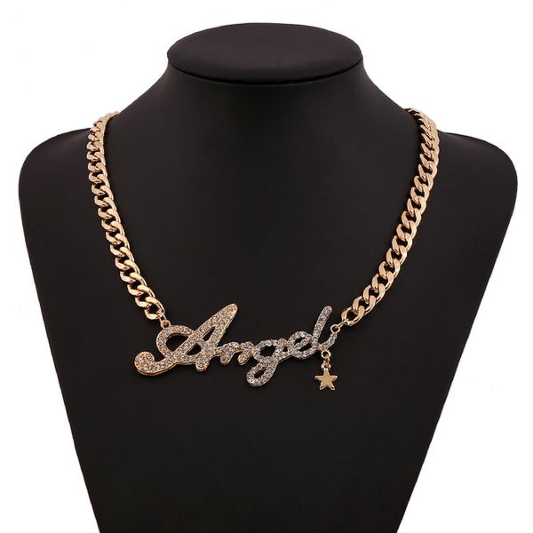 

new fashion luxury designer exaggerated big chain diamond letter angle pendant choker statement necklace for women gold silver