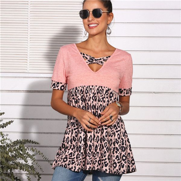 

patchwork shirts fashion v designer tshirts sundress loose short sleeve tees womens summer leopard casual womens neck bicdp, Black