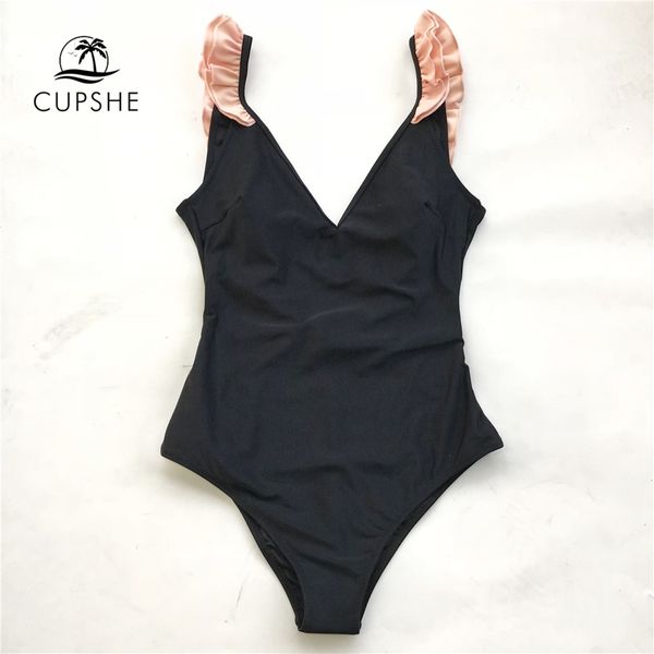 

cupshe black with pink ruffle one-piece swimsuit women colorblock v-neck cute monokini bathing suit 2019 girl swimwear