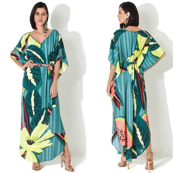 

swimsuit cover swimwear dress beachwear 2019 bathrobe for the beach lace up drying polyester green leaves of watermelon print, Blue;gray