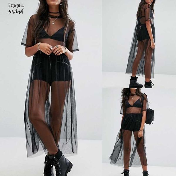 

новые 2019 t shirt женщины повседневная марлевые сетки top sheer длинные рубашки черный сыпучие футболки прозрачные топы, White