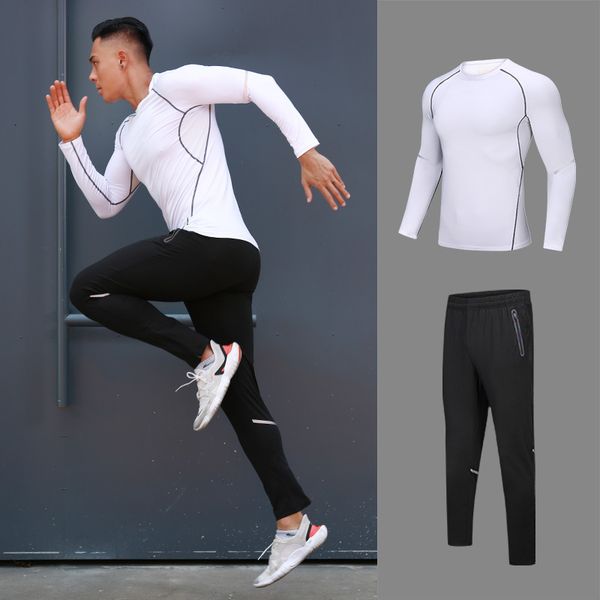 

2 pcs/set men's exercise workout tights breathable tracksuit fitness compression sports suit clothes running jogging sport wear, Black;blue