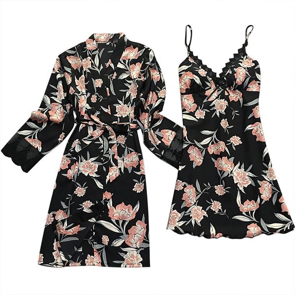 

bathrobe women women nightgowns silk women satin fashion print lace pajamas sleepwear sling robe long sleeve set#g20, Black;red
