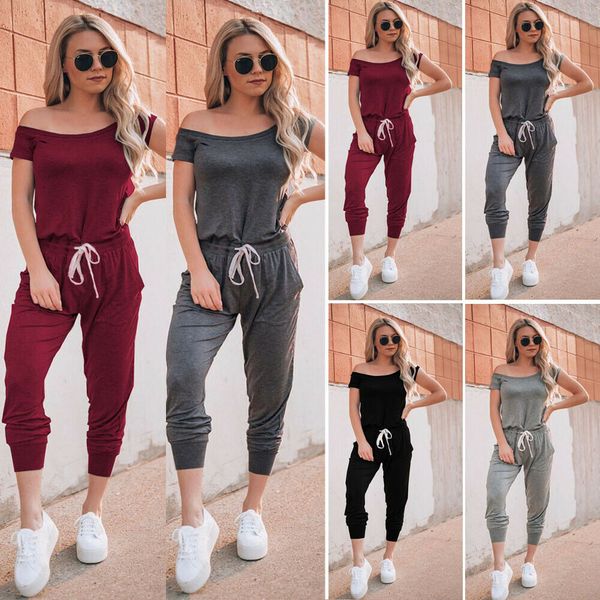 

мода женщин с плеча с коротким рукавом комбинезон дамы повседневная длинный комбинезон, Black;white