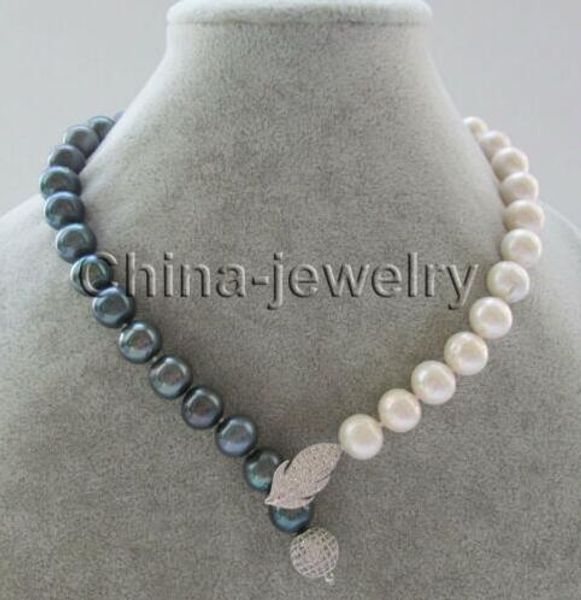 

18" 11-12mm natural white + black round freshwater pearl necklace - 925, Silver