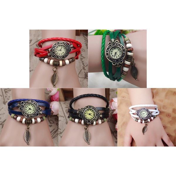

simple casual three-ring belt retro watch fashion leather bracelet watch women vintage leaf beaded luxury wristwatch women, Slivery;brown