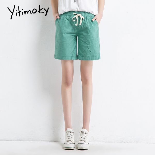 

women's shorts linen high waist women plus size white green black yellow harajuku korean fashion casual solid elastic 2021, White;black