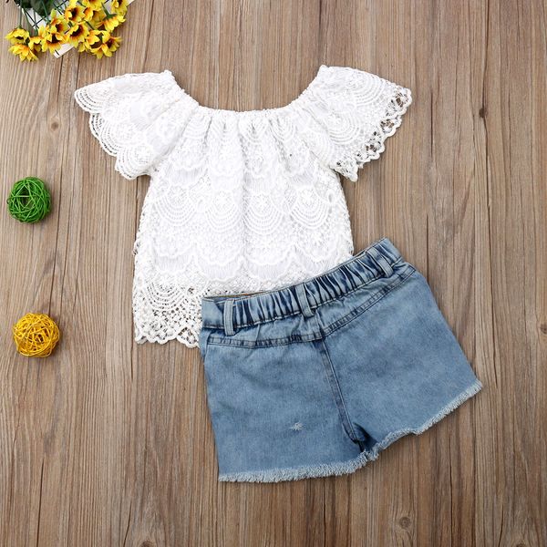 

uk 2pcs kids baby girls 1t-6t outfits summer lace floral +denim shorts clothes set, White