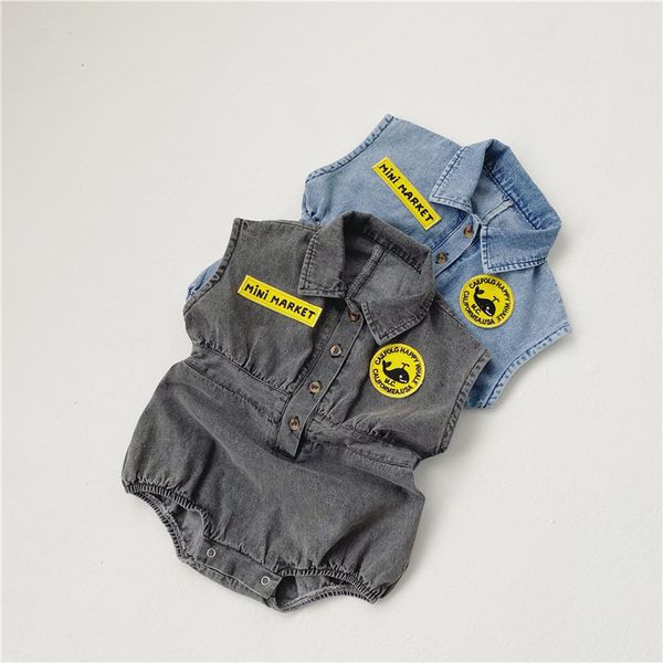 

34445 summer baby cargo casual sleeveless jeans romper one piece denim overalls letters animals bodysuit, Blue