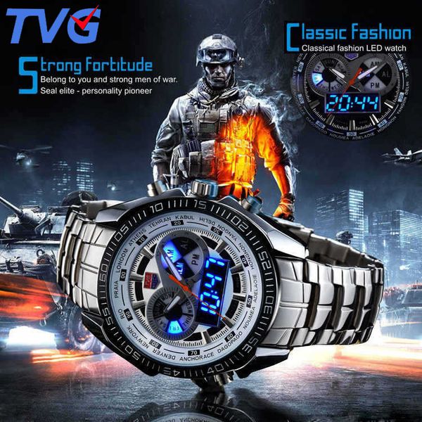 

men watches waterproof quartz watch double display sport tvg brand digital led military writewatch stainless steel male clock cj191213, Slivery;brown