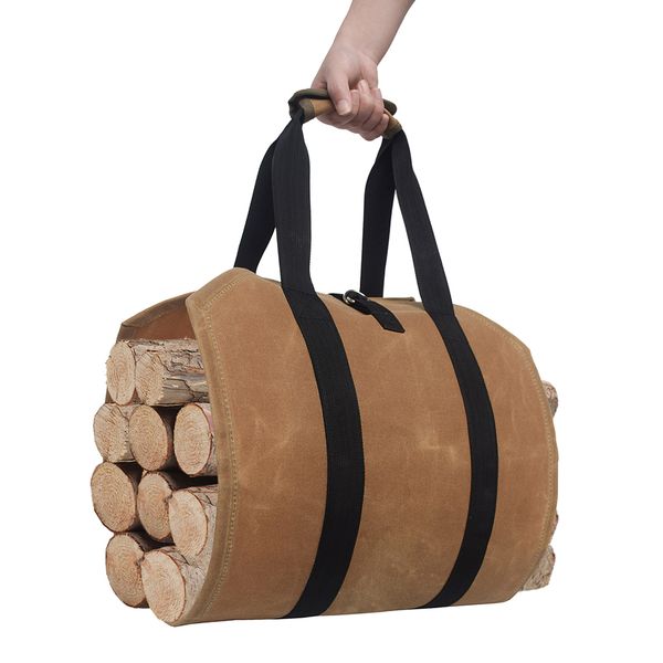 

heavy duty waxed canvas log carrier, firewood carrier tote bag, wood carrier for firewood, fireplace wood stove accessories