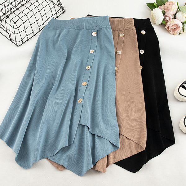 

singrain women winter warm long knit skirts sweater a-line skirts midi knitted bottoms botton irregular knitting skirt autumn, Black;gray