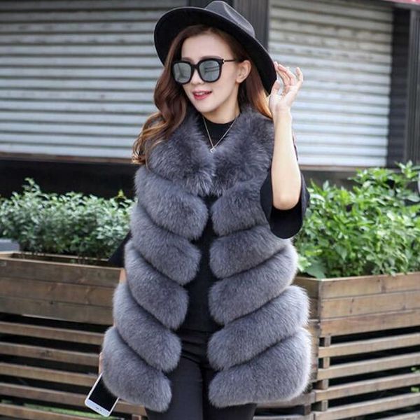 

women faux fur vest coat winter jacket sleeveless manteau femme hiver dc827, Black