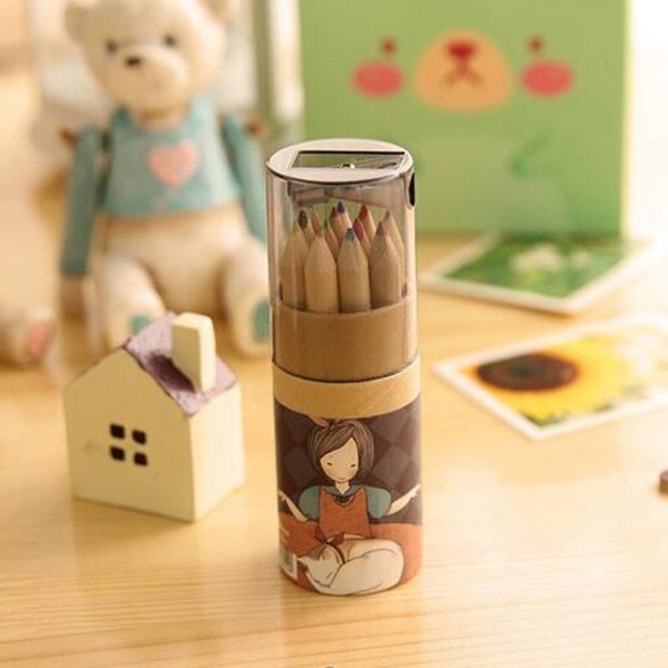 

12pcs / set of cute cute girls wooden colored pencils for kids school stationery painting wooden colored pencils, Blue;orange