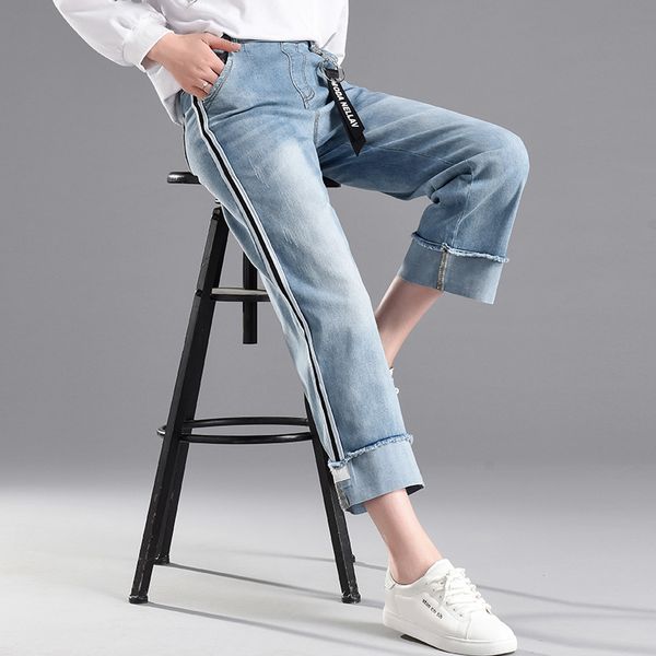 

3xl plus size women's jeans 2020 summer new korean version of high waist elastic nine-point pants wide-leg pants, Blue