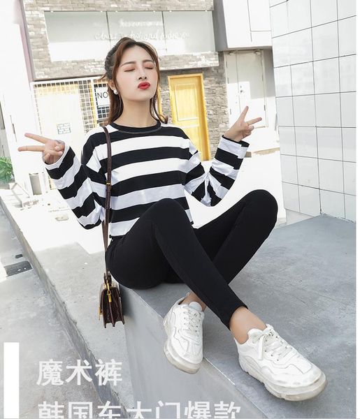 

fall 2019 feet pants style black magic nine points outside the leggings female) high elastic waist pencil pants, Black;white