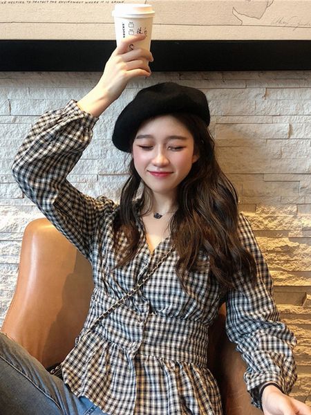 

autumn 2019 new korean edition slender-waisted v-collar french chequered long-sleeved shirt for female students, White