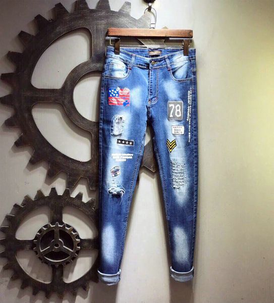 

luxury brand designer men jeans denim fashion hole embroidery pants hip hop mens jean motorcycle bike jeans high street trend designer pant, Blue