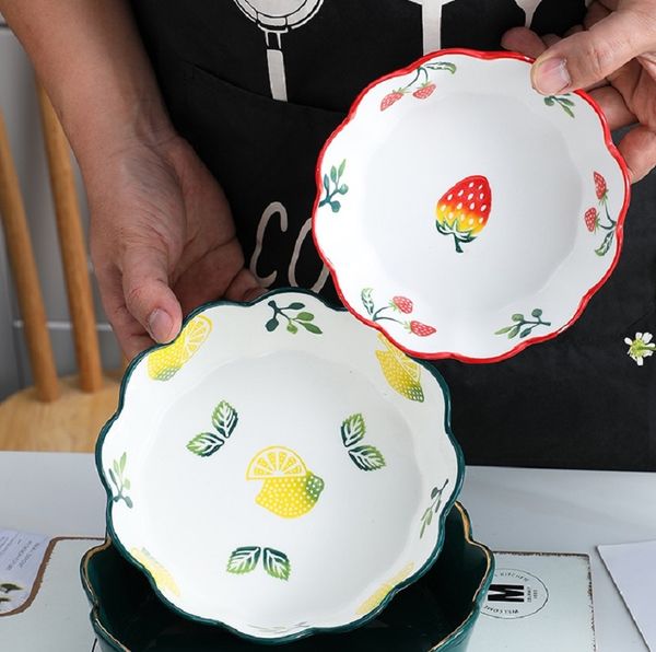

new product japanese hand-painted underglaze ceramic salad bowl cute strawberry lemon lace creative red fruit bowl home