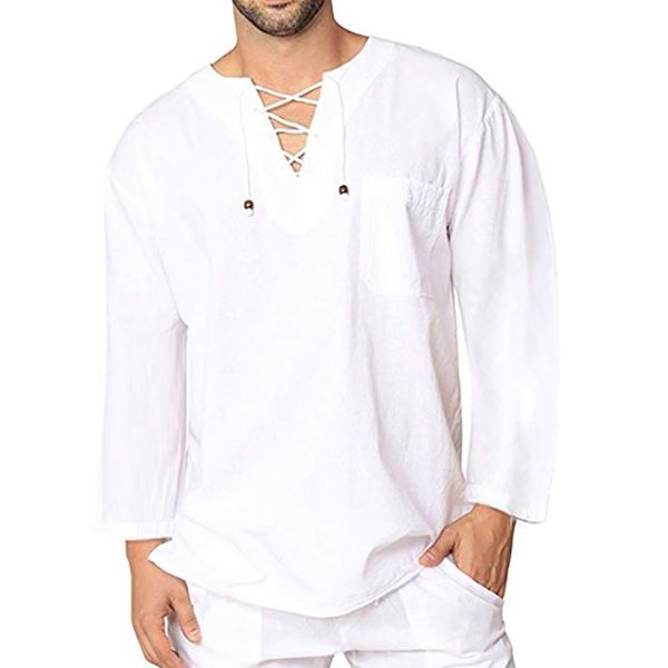 

men wear cotton and linen long-sleeved shirts and jackets fashion men's lace-up men's shirt new dropshipping n15, White;black