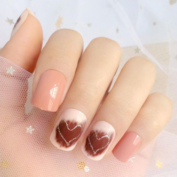 

24 pcs short artificial fake nails nude false nails gradient heart finger nail art manicure tool z255, Red;gold