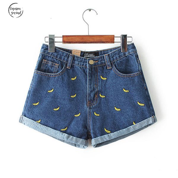 

шорты женской моды корейского лето бананового цветок вышивка хлопок керлинг плюс размер casual кнопка женских талий denim, White;black