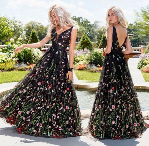 

deep v sleeveless embroidered dress slim open back dress prom dress long skirt