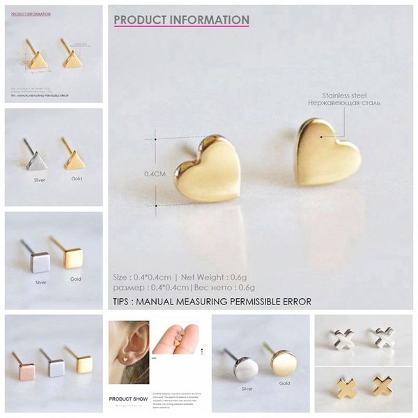 

cute tiny geometric shape screw stud earrings gift for girl/kids/lady stainless steel anti-allergy crystal earrings pendientes 3, Golden;silver