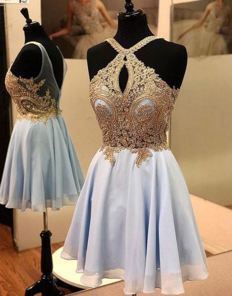 

stunning gold embellished lace 209 short homecoming prom dress halter backless sequins beaded satin a line party graduation cocktail dress, Blue;pink