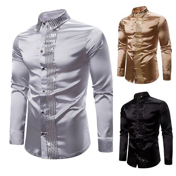 

2019 autumn new fashion men casual long sleeve shirt stripe sequins splicing shirts men lapel button gold black silver shirt, White;black
