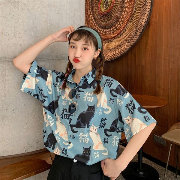 

2020 loose slim bf harajuku style contrast color printed shirt women's shirt, White