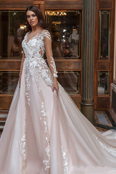 2022 vestido de noiva vestido de noiva sheer mangas compridas v pescoço embelezado laço bordado princesa romântica blush uma linha praia bc11195
