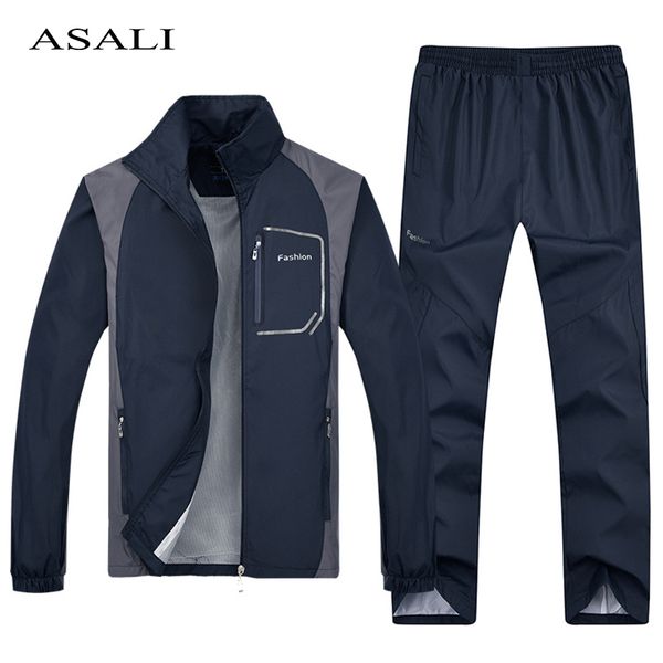 

asali casual men's set autumn men tracksuit sportswear 2 piece set sporting suit jacket+pant sweatsuit male fitness clothing 5xl, Gray