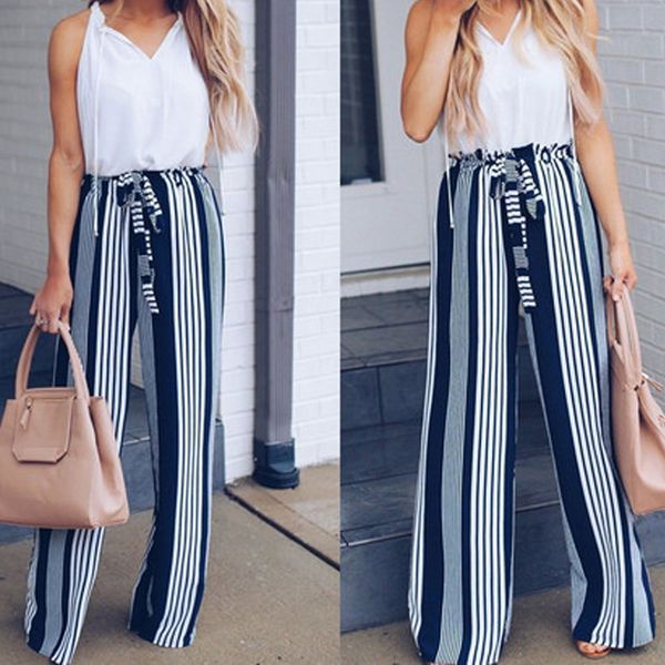 

fashion summer wide leg lace up pants women high waist striped loose palazzo pants elegant office ladies trousers, Black;white