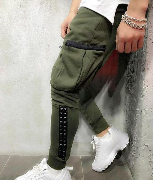 

europe and america asrv men's spring new fashion designer av pencil pants autumn casual sports big pocket trousers pantalones new, Black