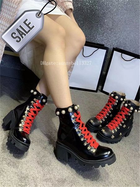 

fashion buckled martin boots with box women's trip embroidered leather ankle boot with sylvie web booties for women shoes 3gg0, Black