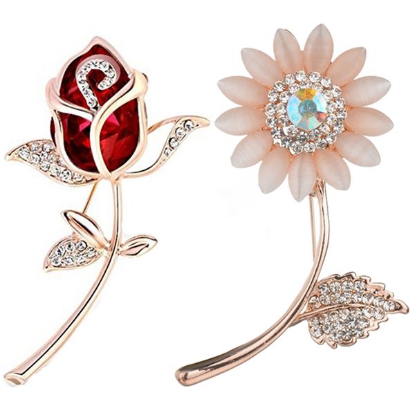 

2 pcs women 's elegant and fashionable bow brooch brooch pin crystal rhinestone rose flower & sunflower, Gray