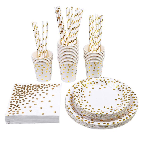 

gold foil party tableware party pack paper plates napkins cups straws disposable party supplies 146 pcs for dinner birthday wedding