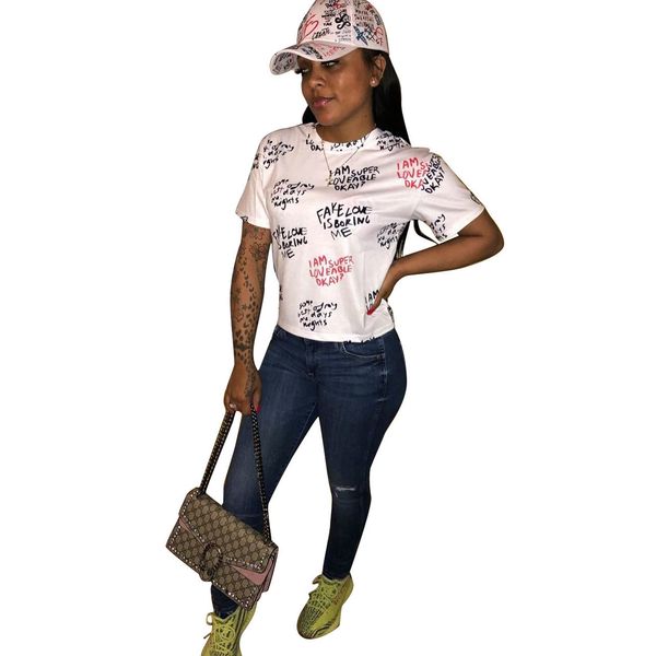 

new cy1114 explosion style fashion european and american women's letters printed short-sleeved top, White