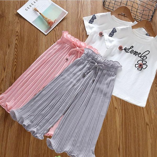 

girls clothing sets summer fashion girls short sleeve letter print t-shirt +casual ruffle loose pants 2pcs clothes, White
