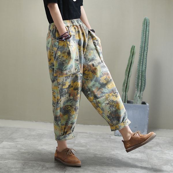 

все matach мама джинсы женские 2020 весенний цветок печати джинсы повседневный сыпучие голеностопного lenght брюки женщина упругие талии брю, Blue