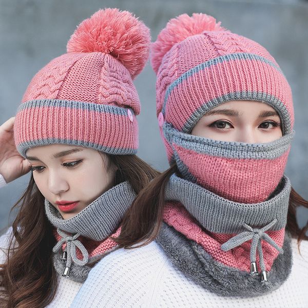 

new women scarf cap winter warm sets mask collar face protection girls accessory women scarf balaclava pom poms knitted hat, Blue;gray