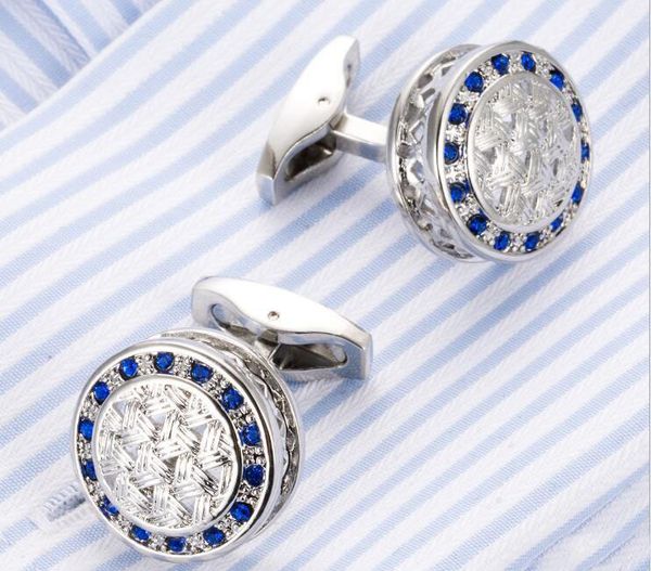 

french shirt cuff nail round hollow blue crystal cuff button men's business dress cuff button cufflink 390 #yamalang, Silver
