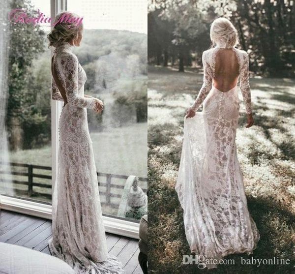 

boho long sleeves vintage lace wedding dresses 2019 high neck open back chic beach bohemian backless bridal gowns bc2028, White