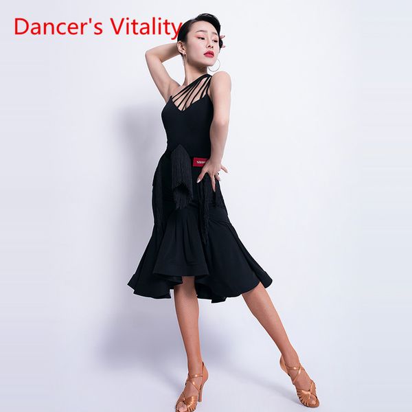 

latin dance new dress female dress sleeveless tassel performance dance clothes professional practice clothes, Black;red