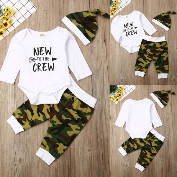

3pcs newborn baby boy whitet-shirt camo pants hat outfits toddler clothes set boys clothes set, White