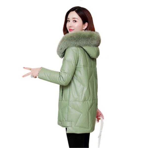 

leather down jacket female sheepskin jacket 2020 new fur collar thick leather female mid-length hooded down coatg1369, Black