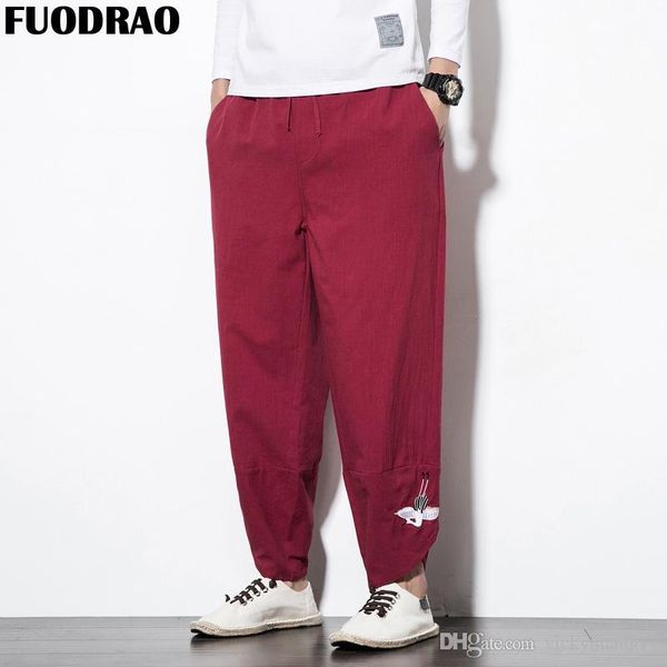 

fuodrao harajuku cotton harem pants men embroidery chinese style wide leg pants summer streetwear jogger trousers men 5xl f022, Black
