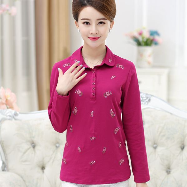 

spring clothing middle-aged women's apparels fold-down collar long-sleeved t-shirt large size embroidery long sleeve casual midd, White