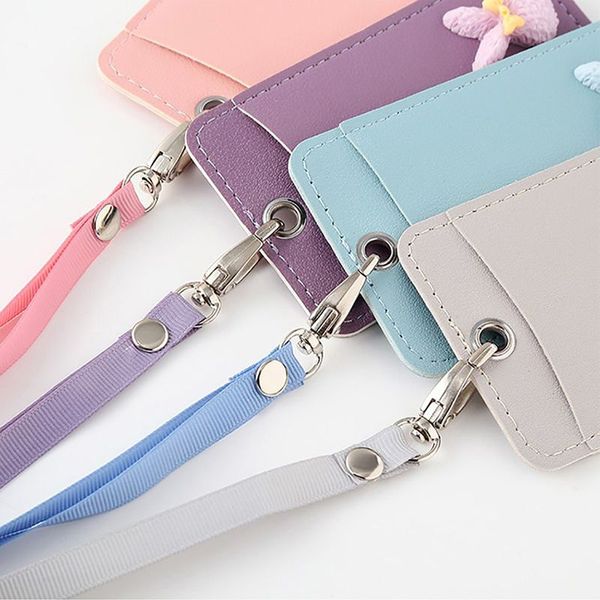 

cute cartoon pu leather id credit card holder students bus card case lanyard women girl rabbit door identity badge cards holder
